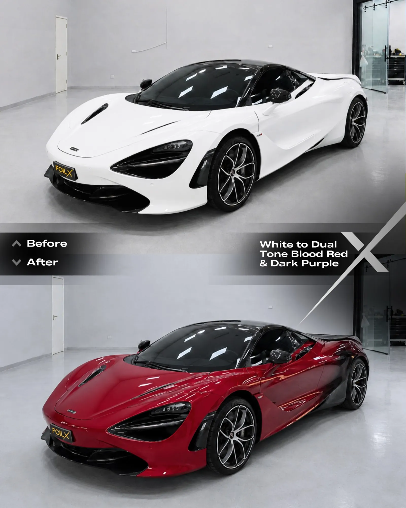 McLaren 720S before and after: white to dual-tone Blood Red and Dark Purple wrap at FoilX Dubai